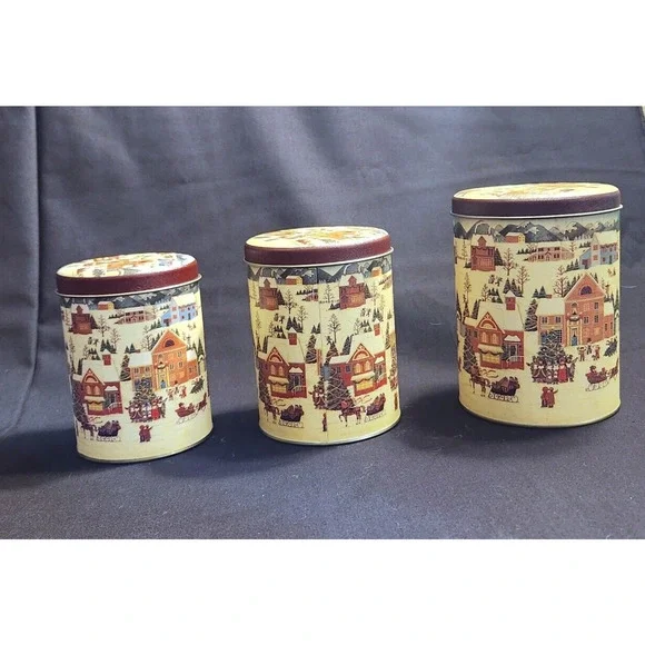 Christmas Tins with Snow Town Scene Looks New 3 pc 5 1/2", 5", 4 1/2" - Picture 3 of 7